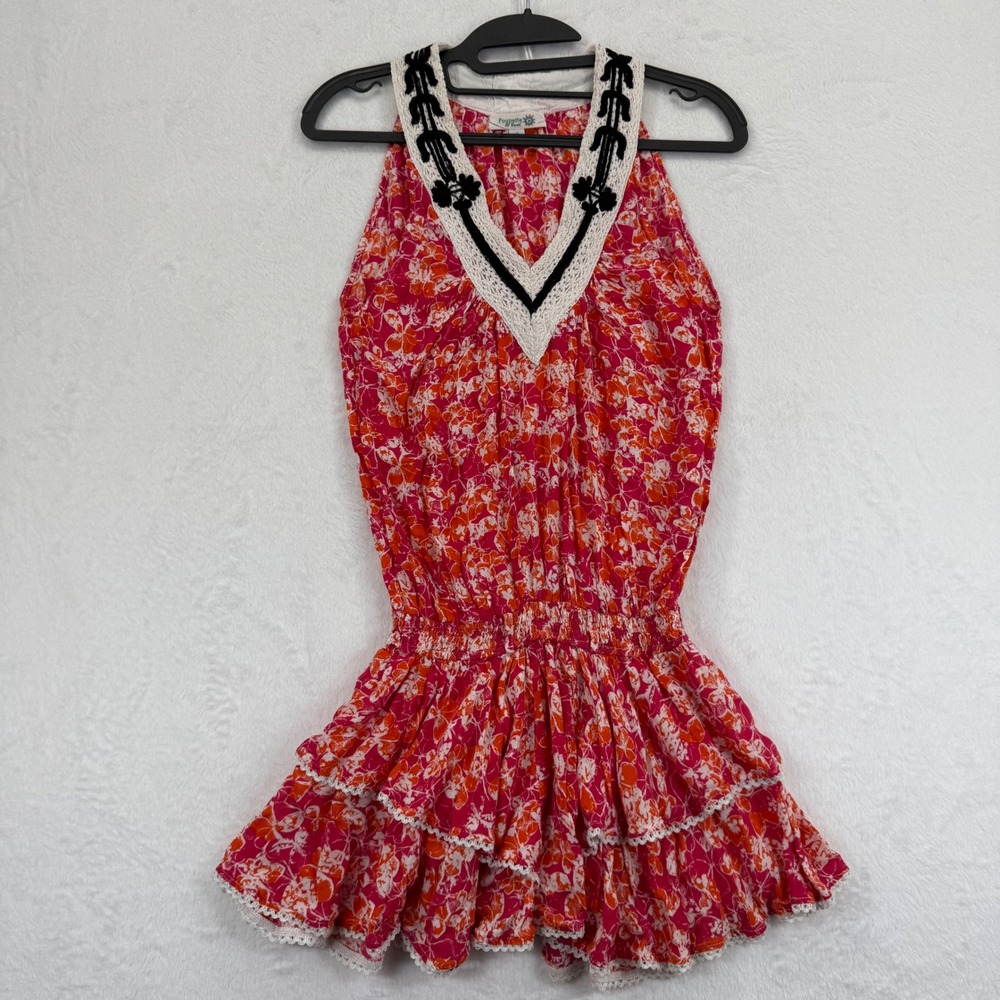 Pouppette St Barth Floral Mini Dress Pink Orange Tiered Ruffle Sleeveless S